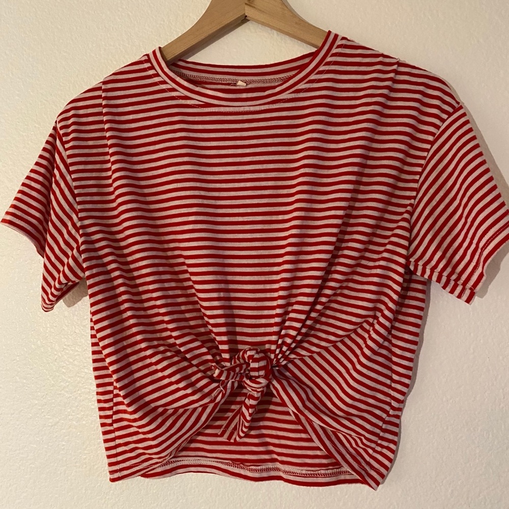 red and white striped tie front crop top